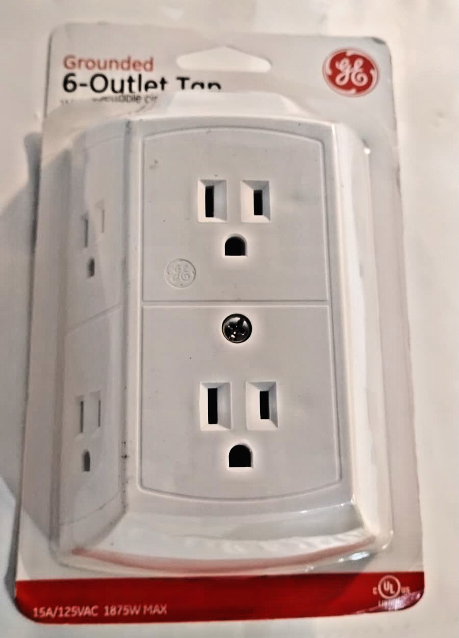 GE 6-Outlet Grounded Wall Tap Extender 56575 Space-Saving Three-Sided Design