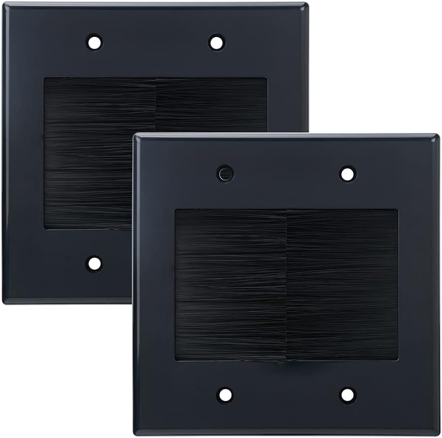 2 Gang Brush Wall Plate (Black, 2 Pack), Double Gang Cable Wall Plate for Power