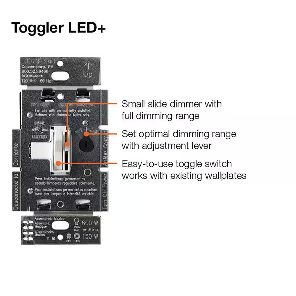 Toggler LED+ Dimmer Switch for Dimmable LED Bulbs, 150W Led/Single-Pole or 3-Way