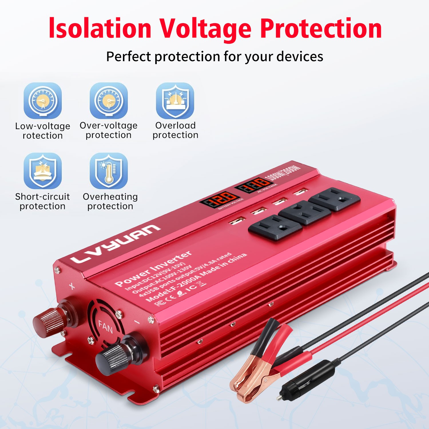 1000W 2000W Peak Car Power Inverter 12V DC to 110V AC Converter with LCD & 4 USB