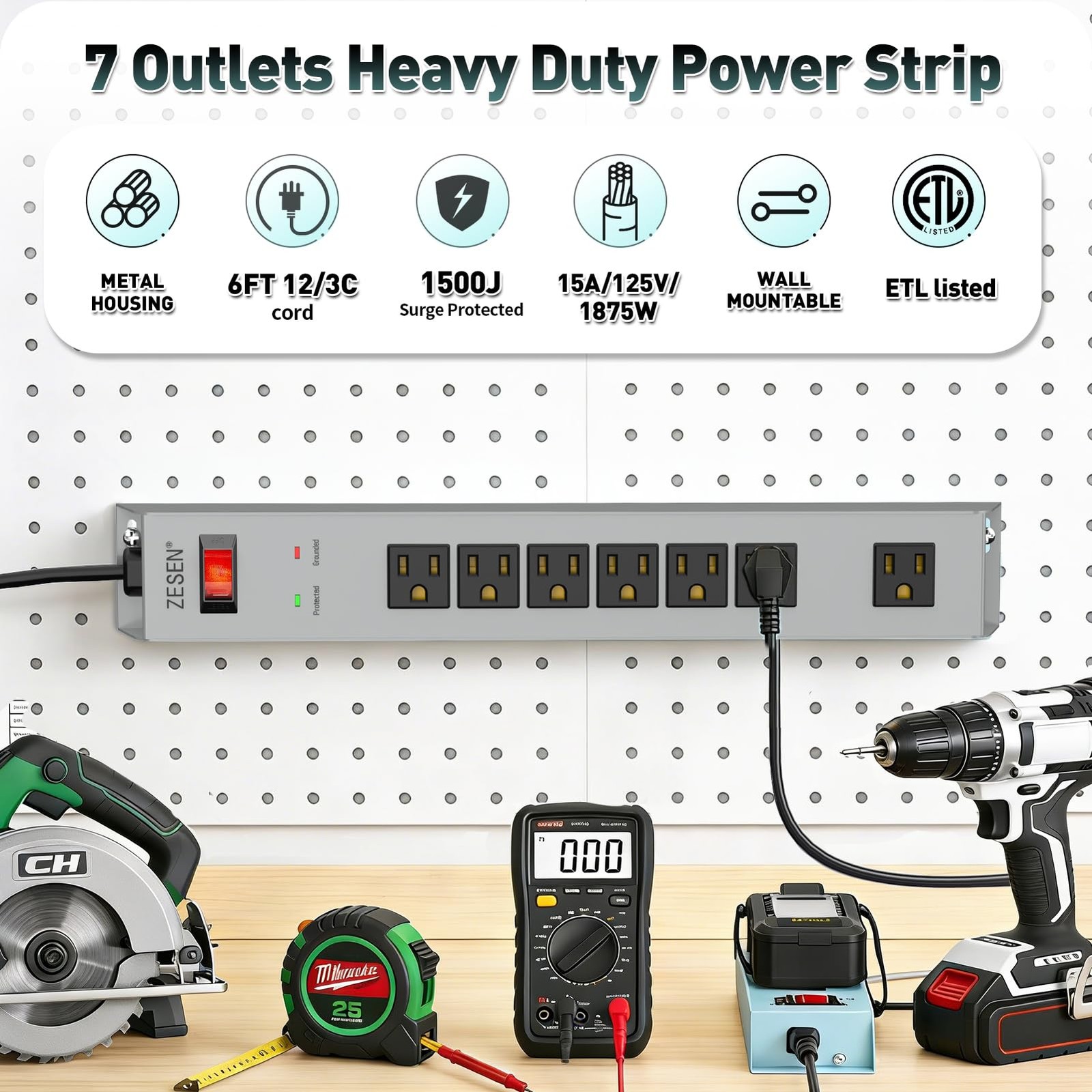 Grey 7 Outlet Metal Power Strip Overload Protection 6ft Cord Wall Mount 15A