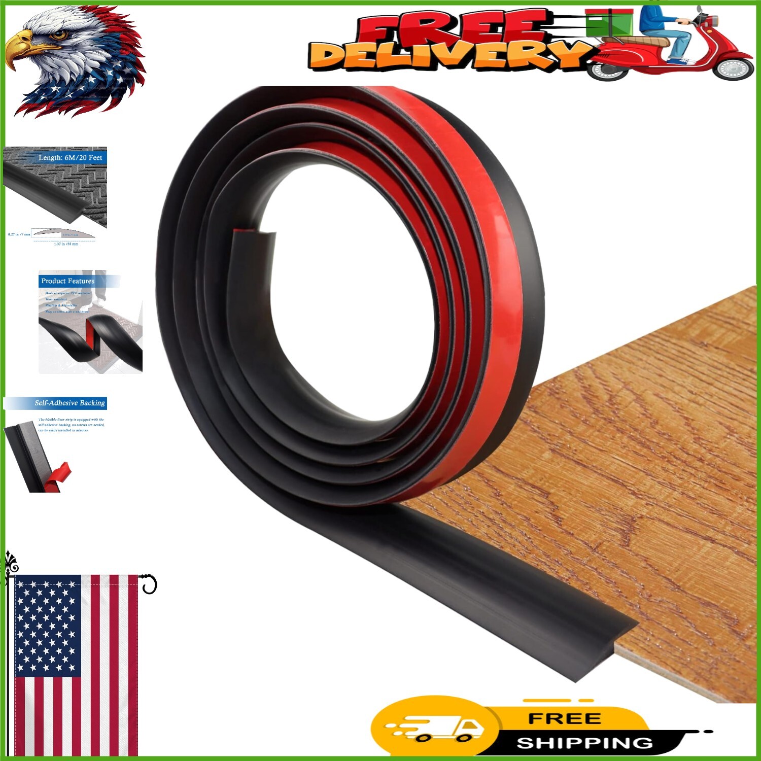 Self-Adhesive PVC Floor Transition Strip – 20ft Black Edging for 5mm Thresholds