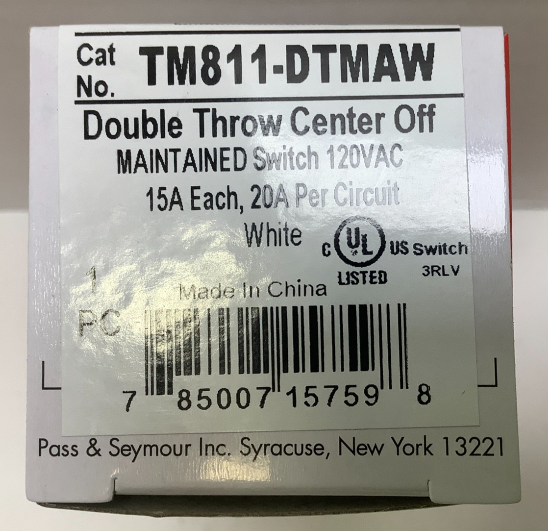 Pass & Seymour Double Throw Center Off Maintained Switch, 120VAC, 15A, White