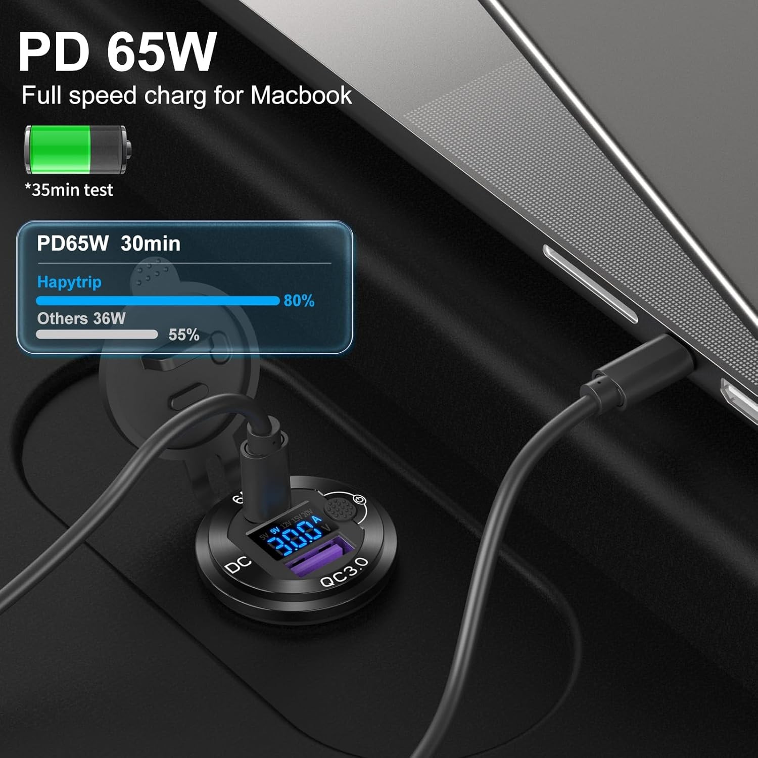 12V USB Outlet Aluminum Car Charger PD65W Port for Laptops, Quick Charge 3.0