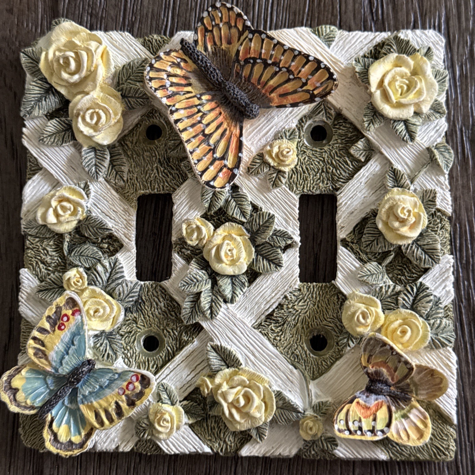 Double Light Switch Plate Butterfly 3D Lattice Roses Floral Set Of 2 Resin