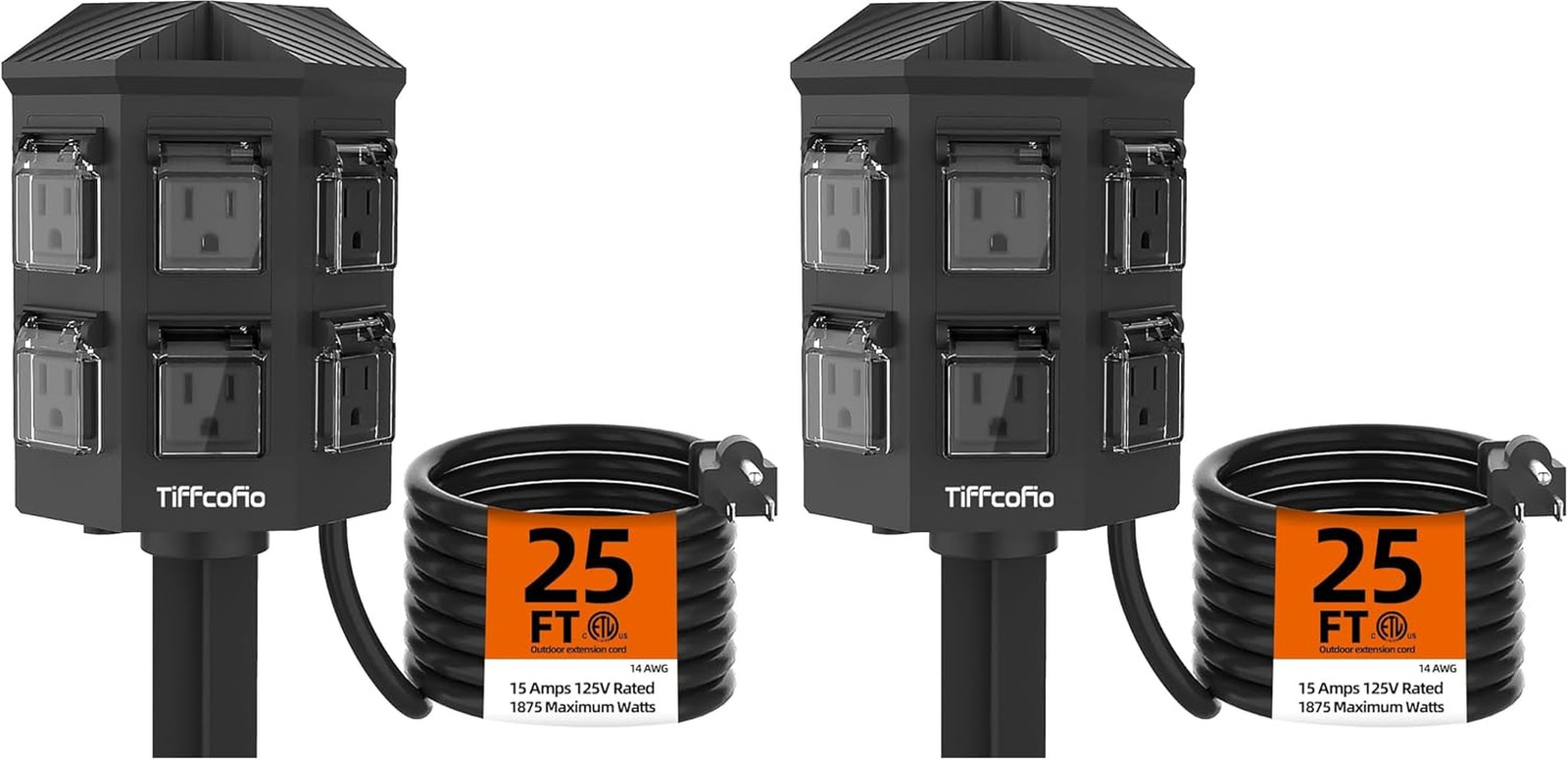 Outdoor Power Strip Weatherproof, 25 FT Extension Cord with Stake, 6 Grounded Ou