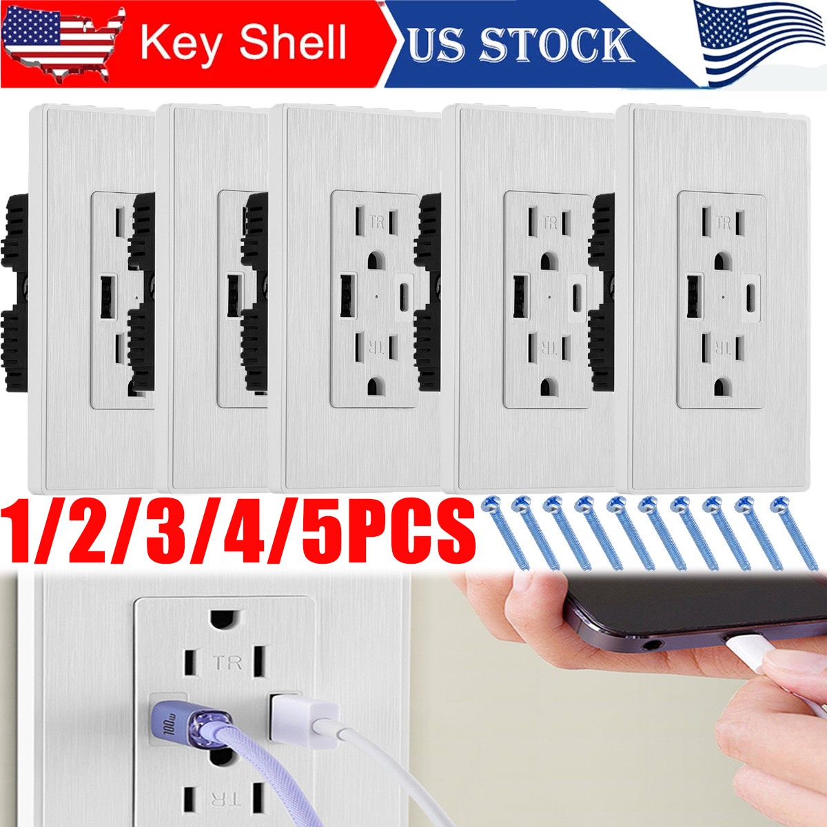 1-5Pcs Wall Socket Dual USB Type C 15A 125V 2.1A+10W Outlet with Blue LED, White