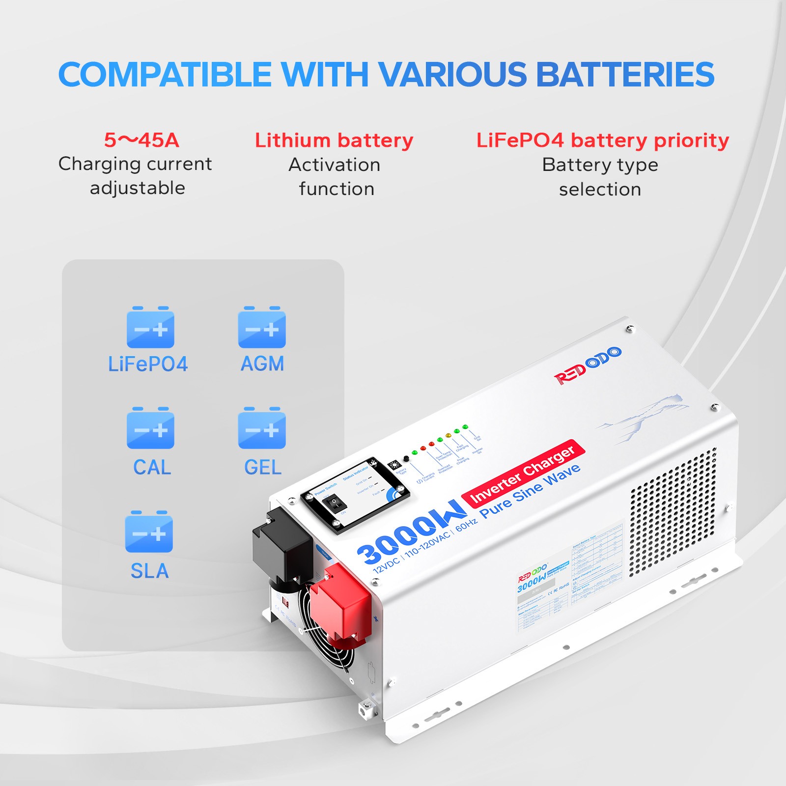 Redodo 3000w Pure Sine Wave Inverter Charger 12V DC to 120V AC w/ Remote Control