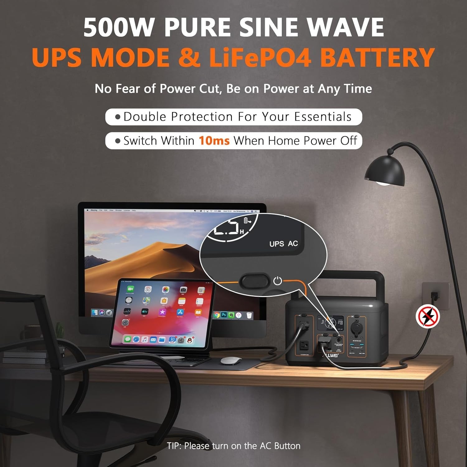Portable Power Station 500W 512Wh Solar Generator with 100W Solar Panel