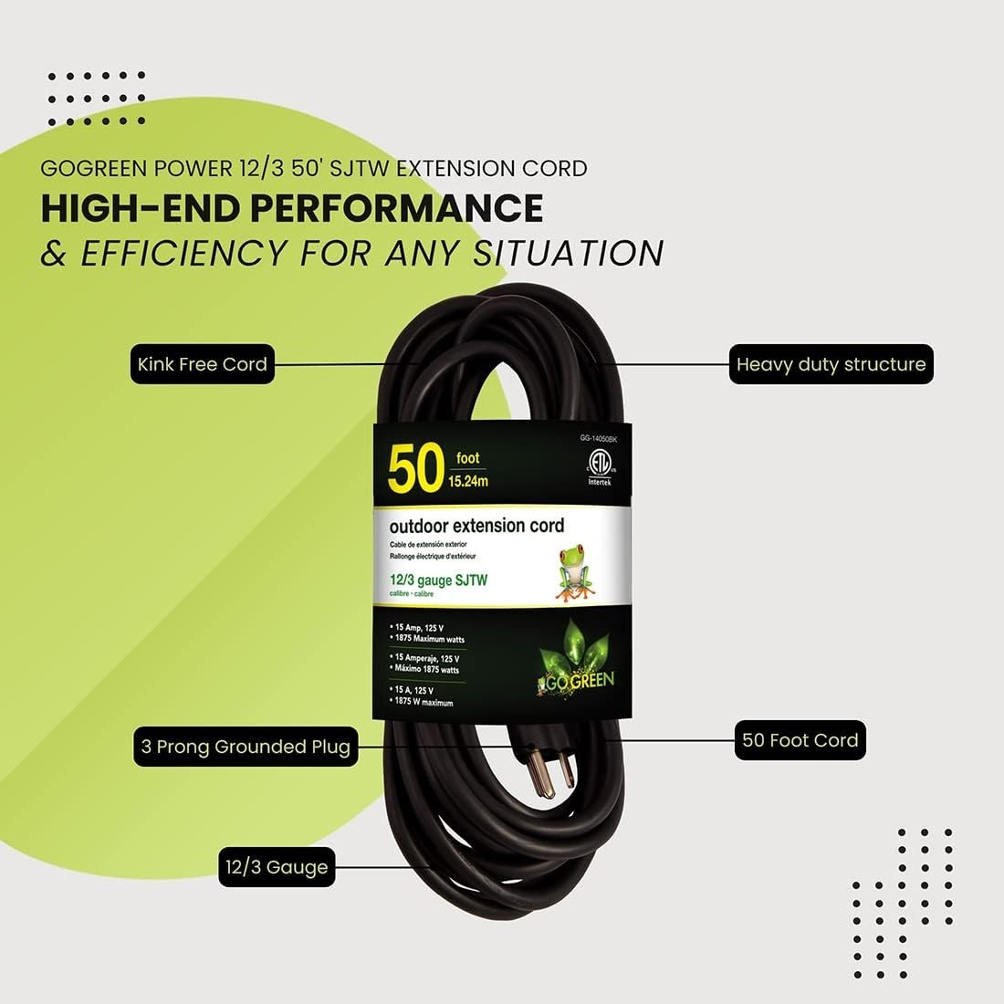 Durable 12/3 SJTW Outdoor Extension Cord – 50 ft Moisture and Abrasion Resistant