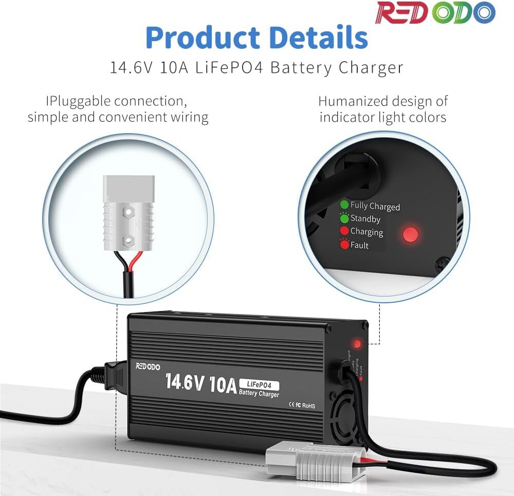 Redodo 14.6V 10A LiFePO4 Battery Charger Fast Charging for Lithium Battery