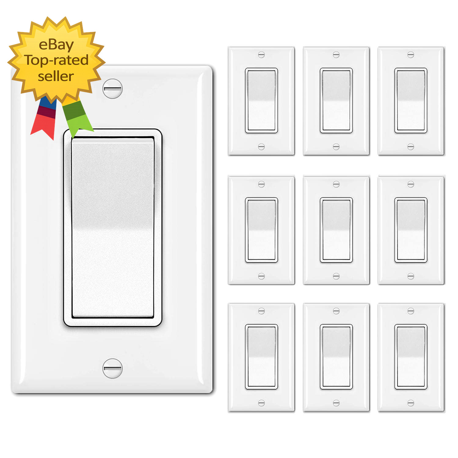 10 Pack Single Pole Decorator Light Switch 15A Rocker Paddle On Off Wall Plate