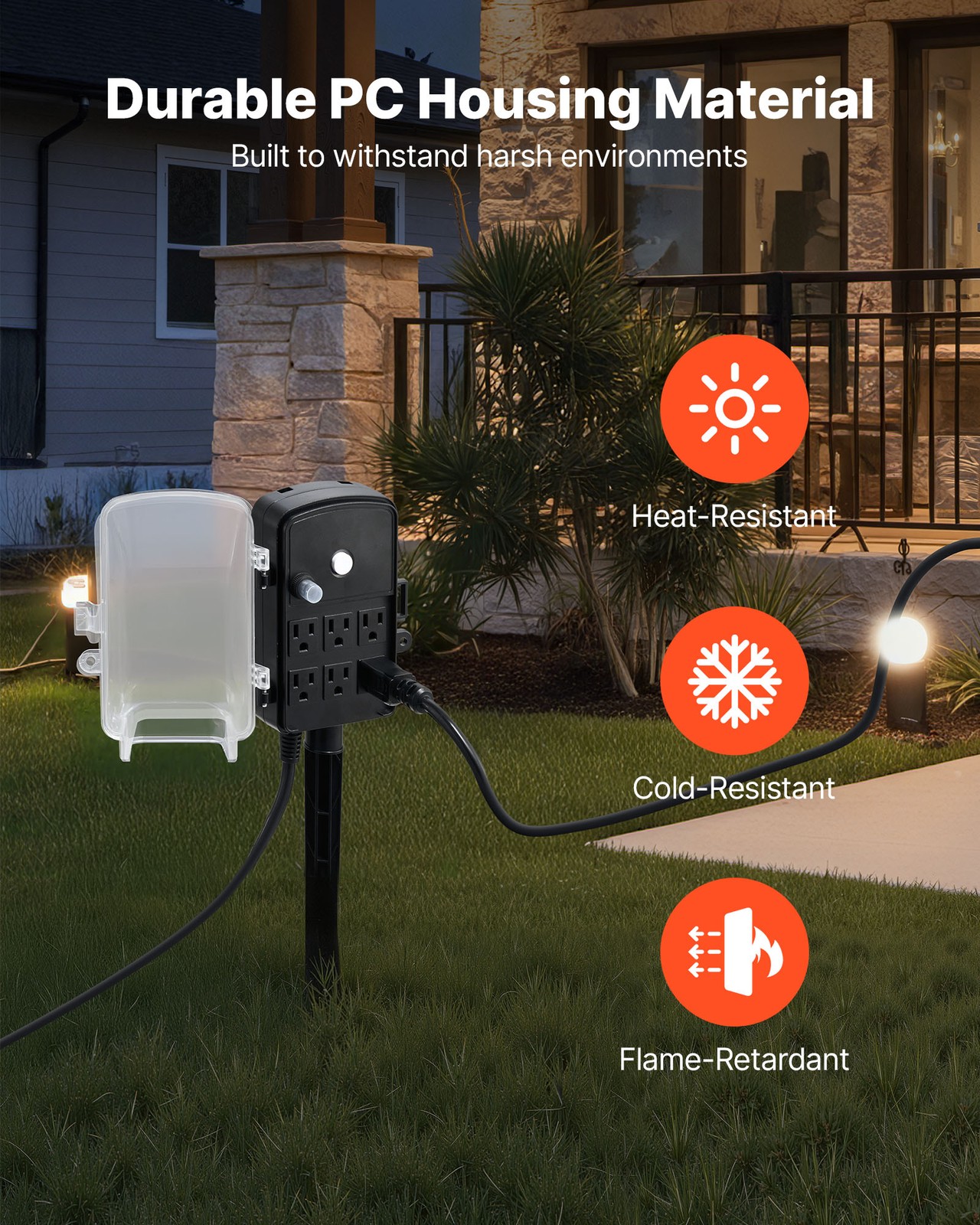 VEVOR Outdoor Power Stake Waterproof Power Strip 6 Outlets 15 FT Extension Cord
