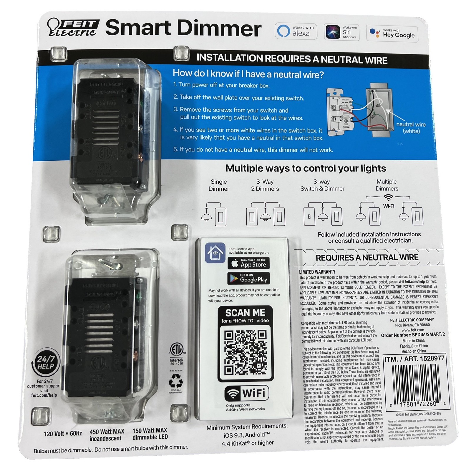 Feit Electric Smart Dimmer Switch 2-Pack 1528977 Single Pole or 3-Way w/Plate