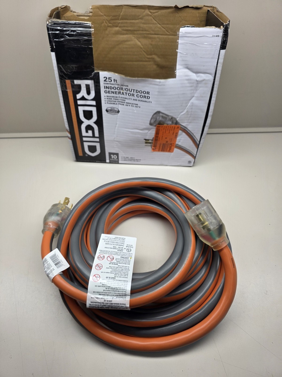 RIDGID 25′ 10/4 Heavy Duty Outdoor L14-30 Amp Generator Extension Cord, Orange