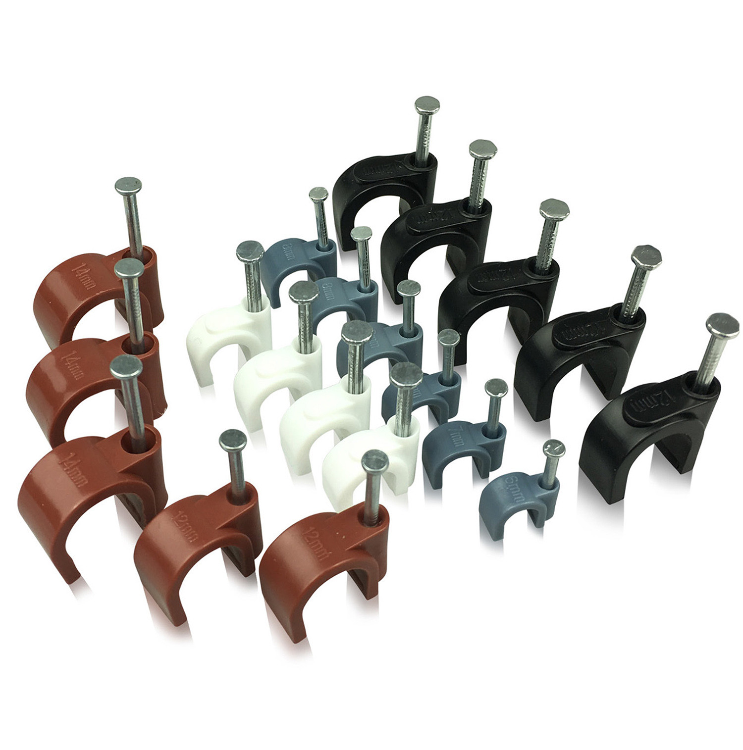 Round White & Black Cable Clips 5mm-12mm with Fixing Nails – Packs of 10-100-400