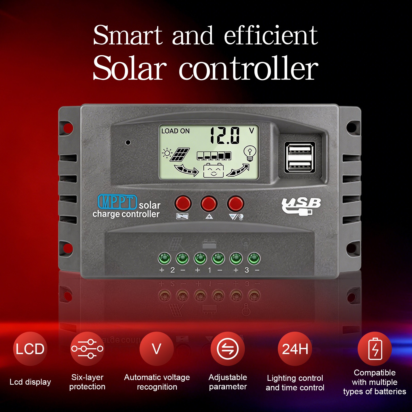60/100A MPPT Solar Charge Controller 12V/24V Auto LCD&USB for LiFePO4/AGM/GEL