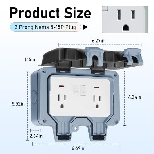 Outdoor Outlet Box Dual 15A 5-15R IP66 Waterproof Lockable Cover LED