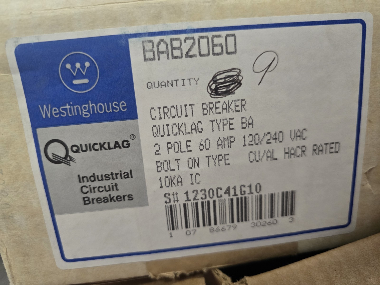 WESTINGHOUSE QUICKLAG BAB2060 2POLES 60A, 120/240V CIRCUIT BREAKER NEW