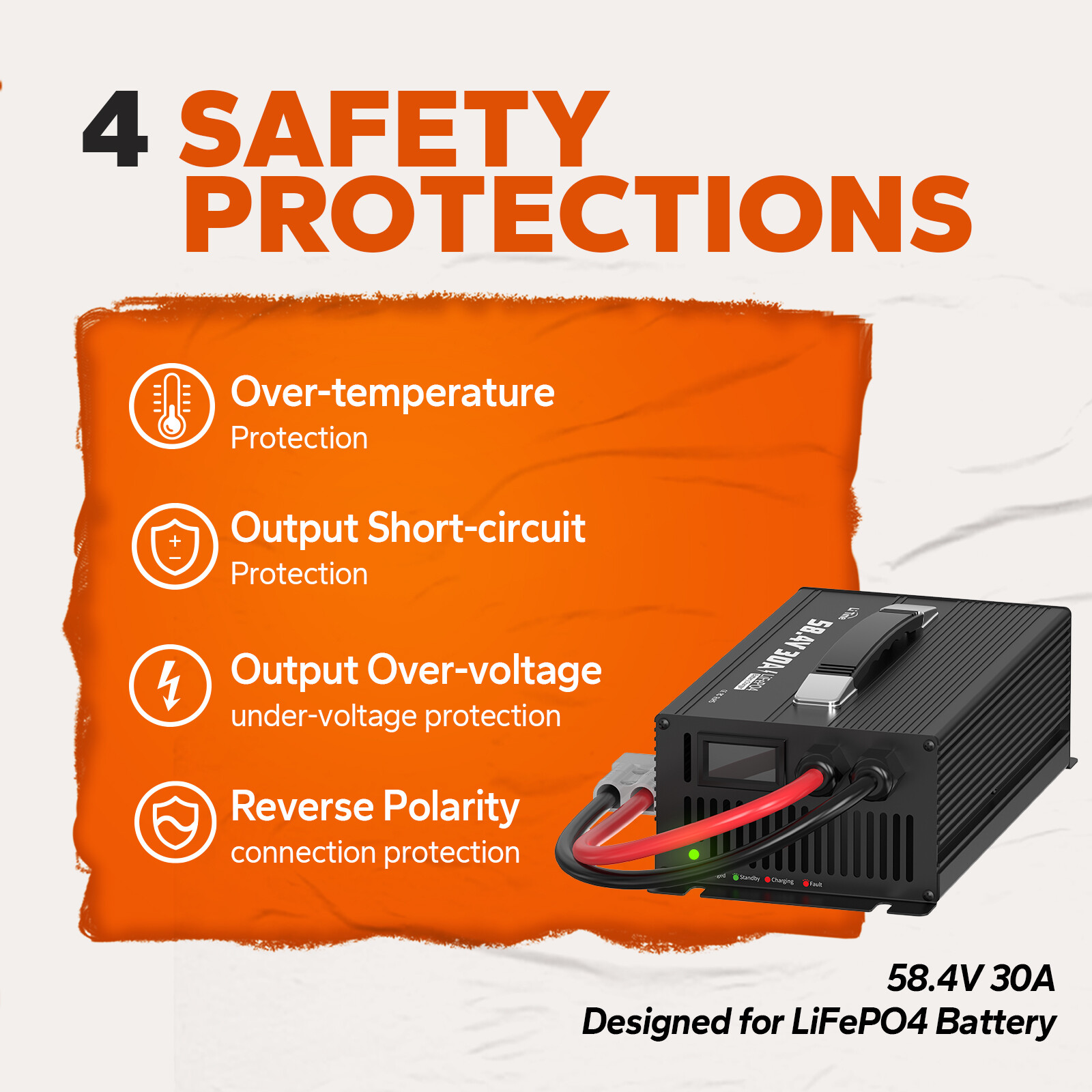 LiTime 58.4V 30A Smart AC-DC Charger for 48V 51.2V LiFePO4 Battery Mountable