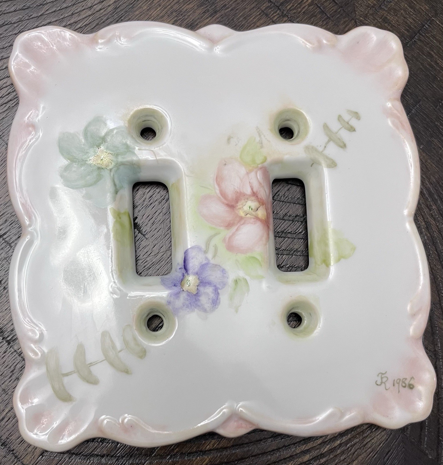 Vtg. Floral & Pink Hand Painted Ceramic Double Light Switch Cover Plate Signed