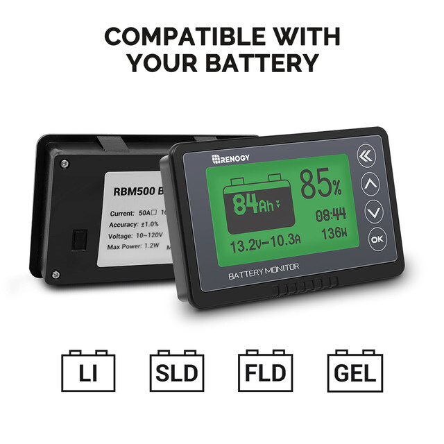 Renogy 500A Battery Monitor w/ Shunt Voltage Programmable Alarm 12V Tester
