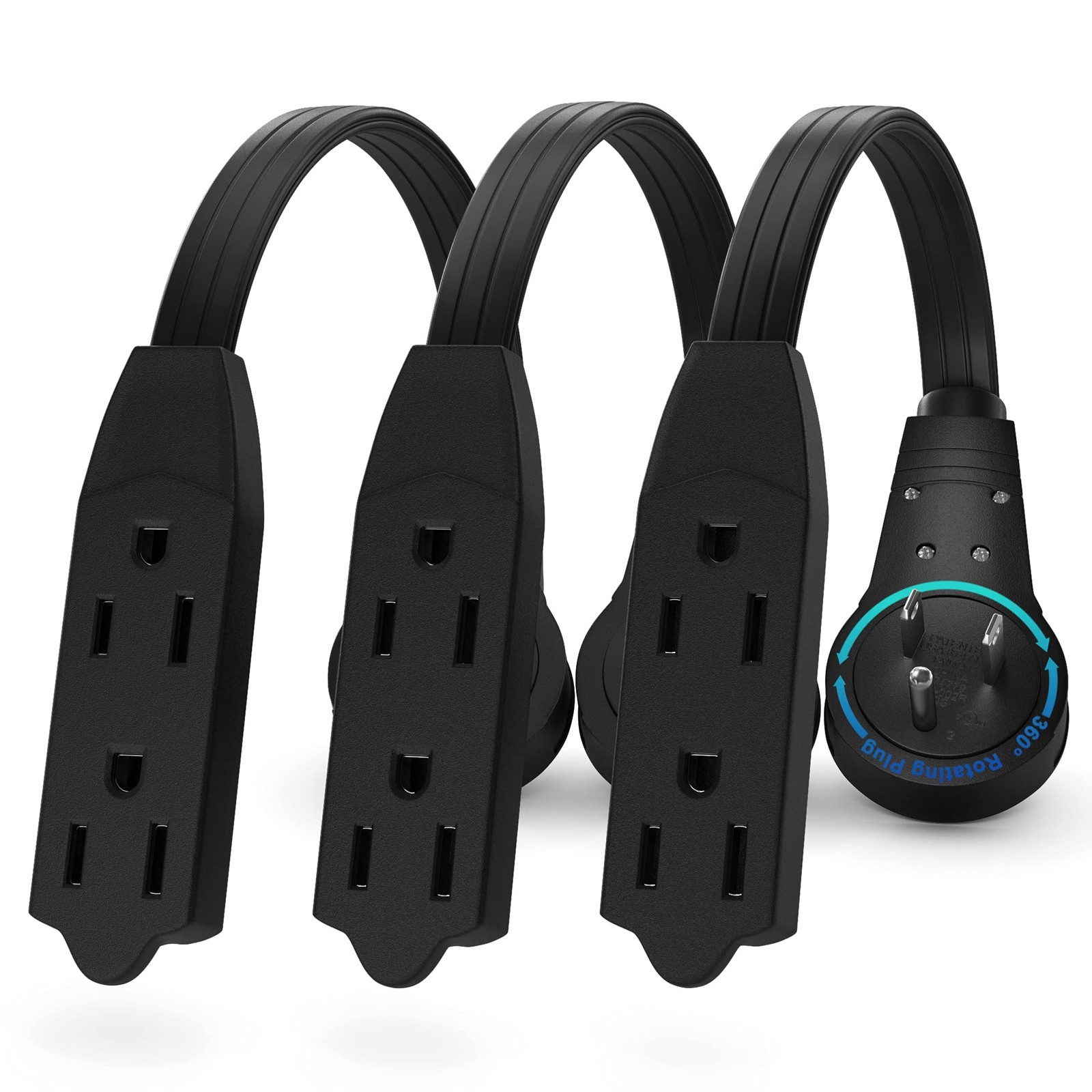 3 PCS 0.5 Ft 360 Rotating Flat Plug Extension Cord 16/3 AWG 3 Outlet Black