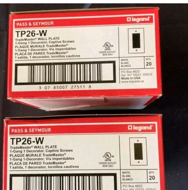 New Legrand Pass & Seymour TP26-W TM WALL PLATE, 1-Gang, White- Box of 20