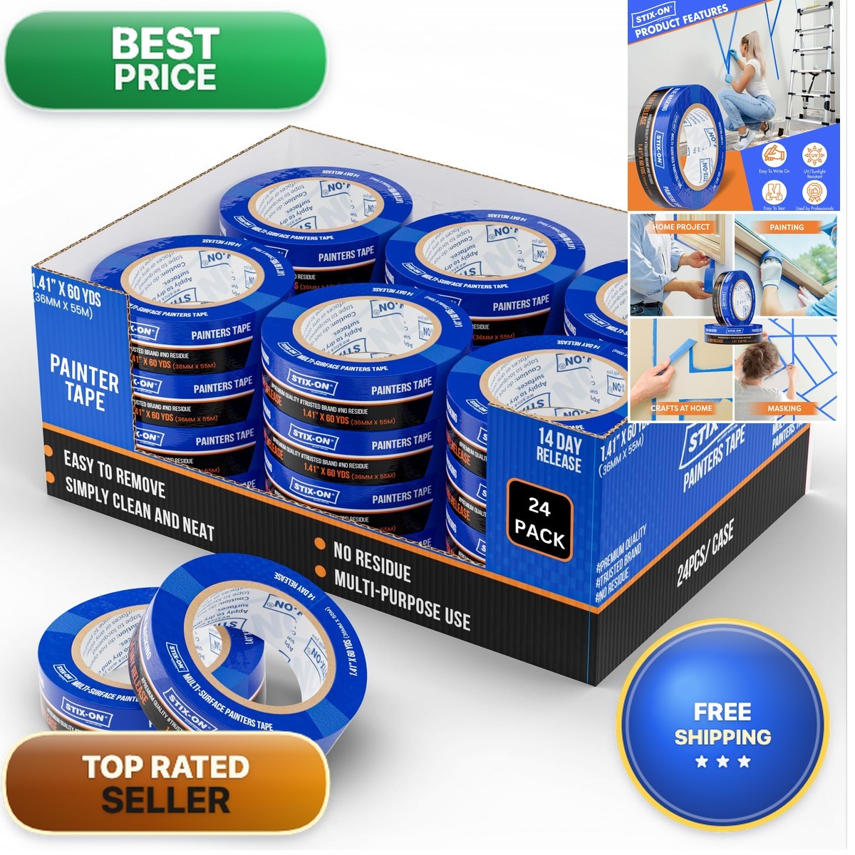 Stix-On Painters Tape 1.5 Inch Wide 24 Roll Painting Tape Blue Masking Tape