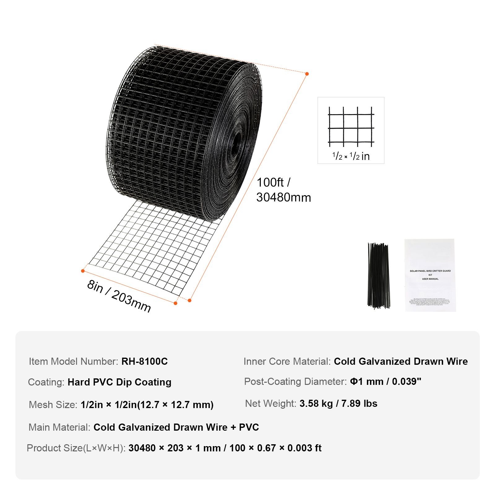 8in x 100ft Solar Bird Guard PVC-Coated Galvanized Wire Mesh, 1/2″ Grid