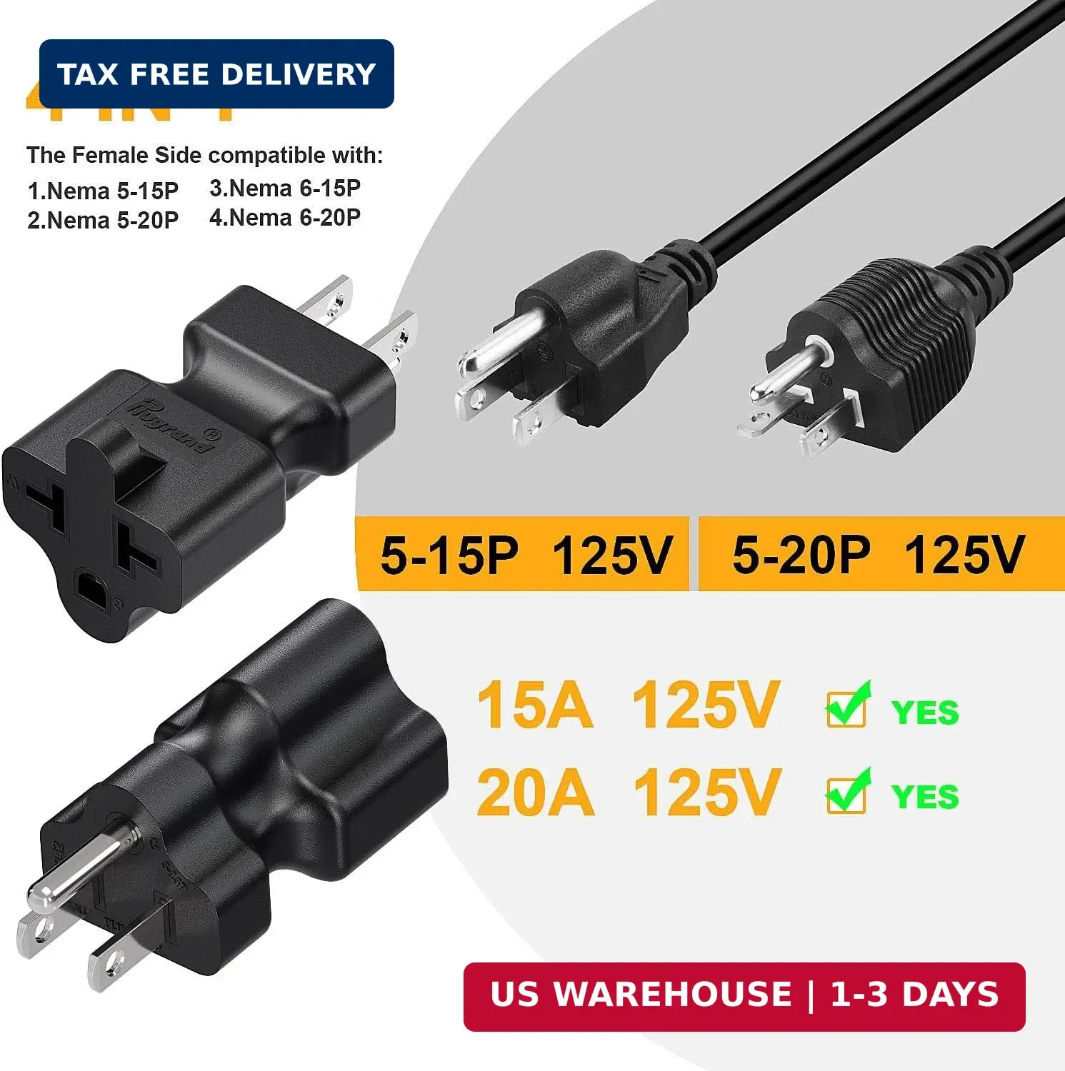 [4-in-1] 15 Amp Household AC Plug to 20 Amp T Blade Adapter, 5-15P to 5-15R/ 5-2