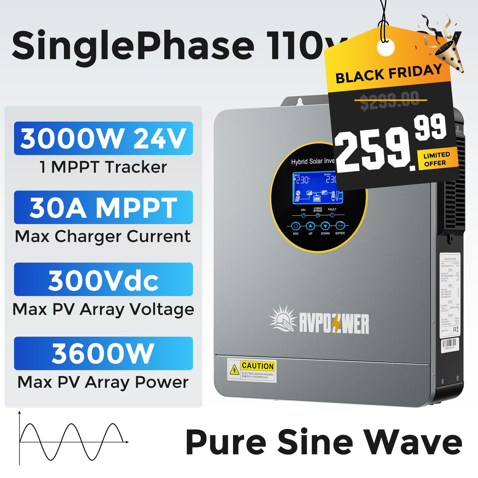 New 3000W Solar Hybrid Inverter 24V DC 120V AC MPPT Controller Charger Pure Sine