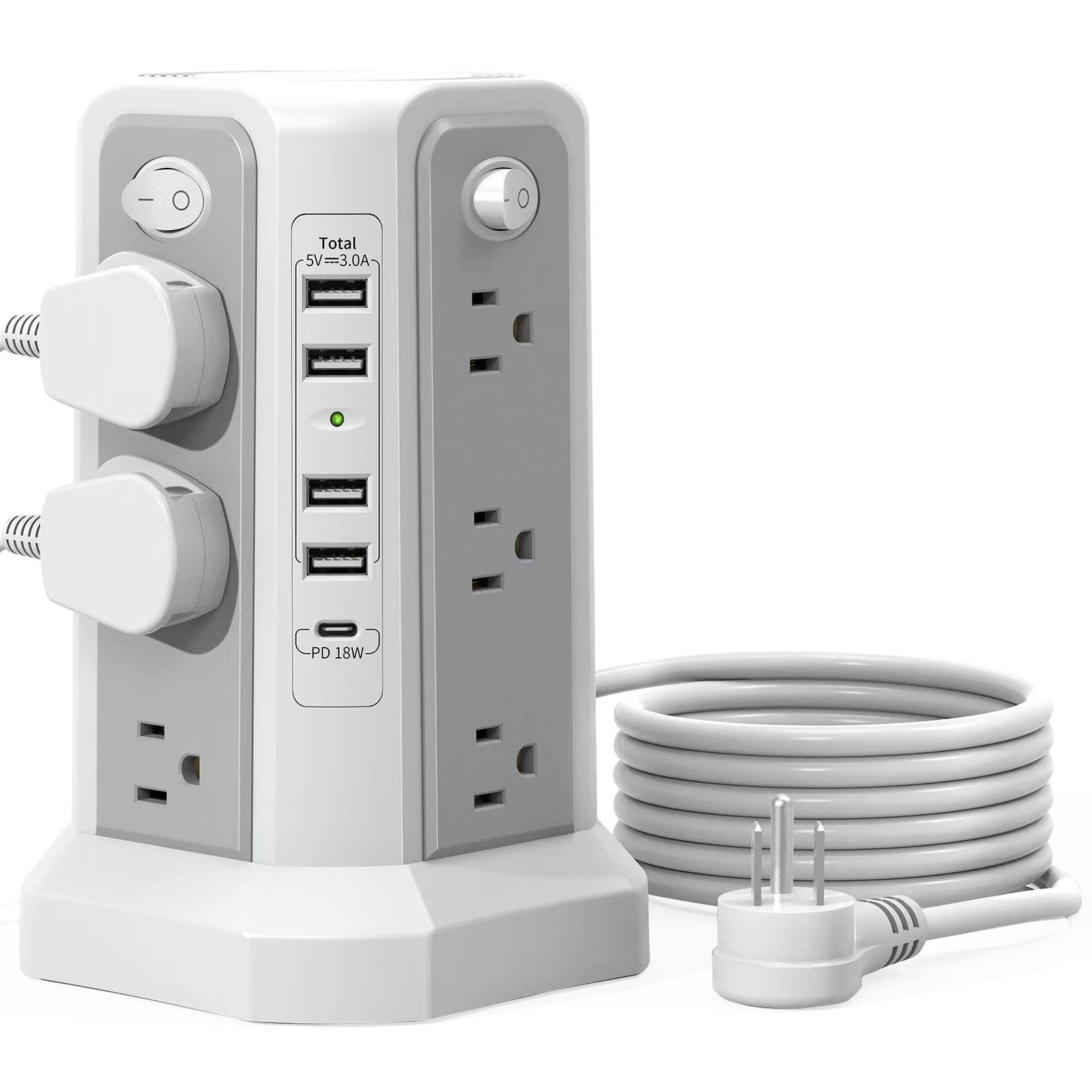 Surge Protector Power Strip Tower with PD18W USB C Port,10FT Gray White