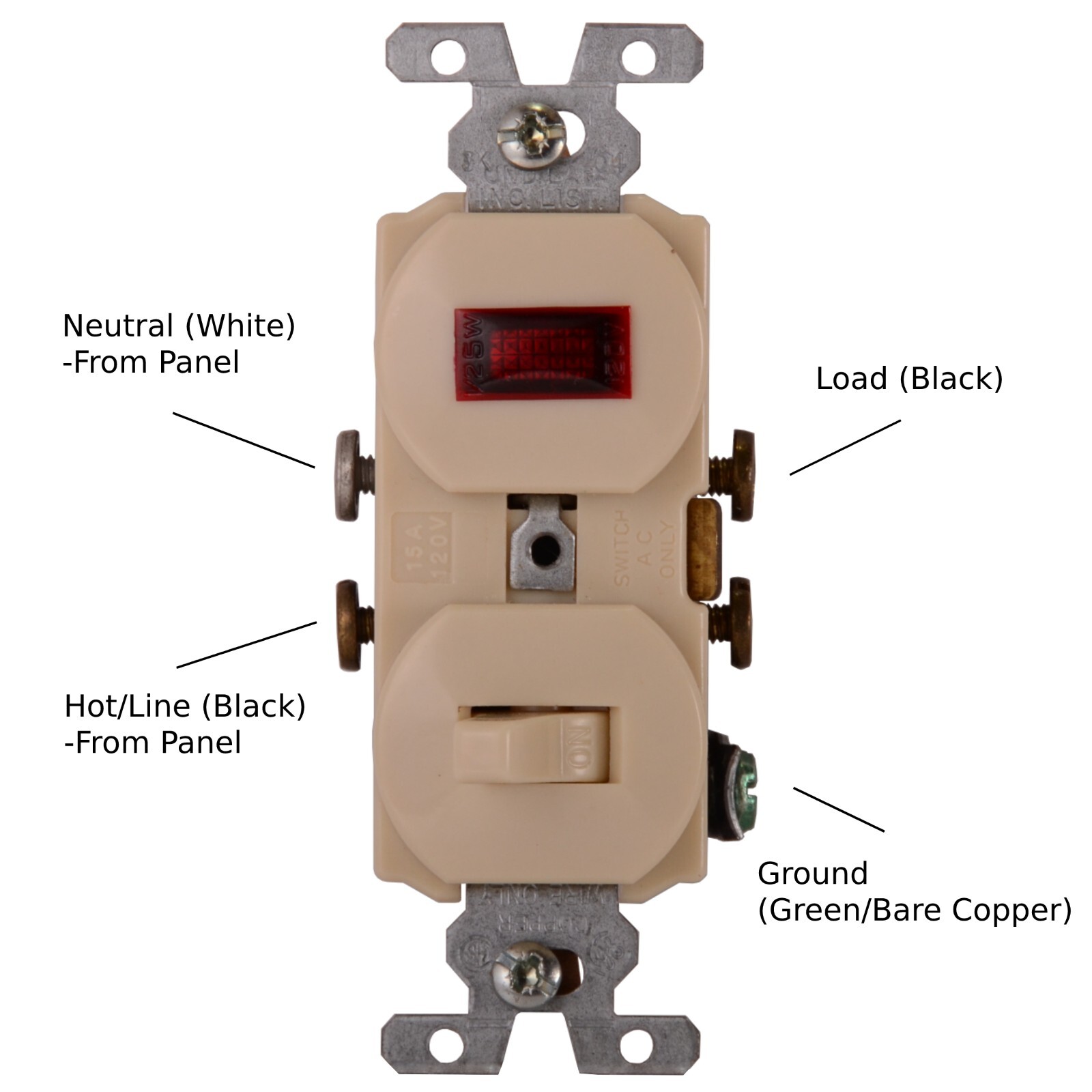 GENERAL ELECTRIC 15A 120V Volt Single Pole Wall Switch Pilot Light (Ivory)