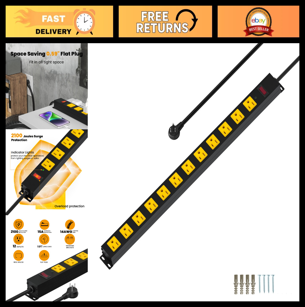 12 Outlet Metal Power Strip with 2100J Surge Protection & 10ft Extension Cord –