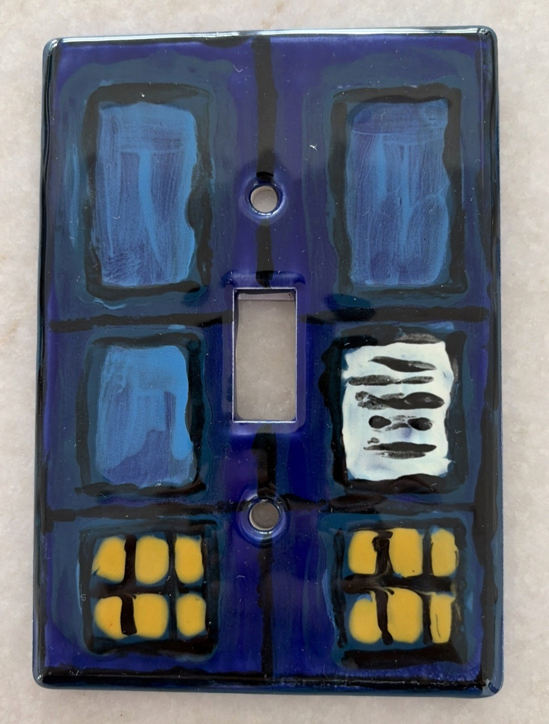 Hand Painted Ceramic Light Switch Plate Abstract Blue Modern Art Single Toggle