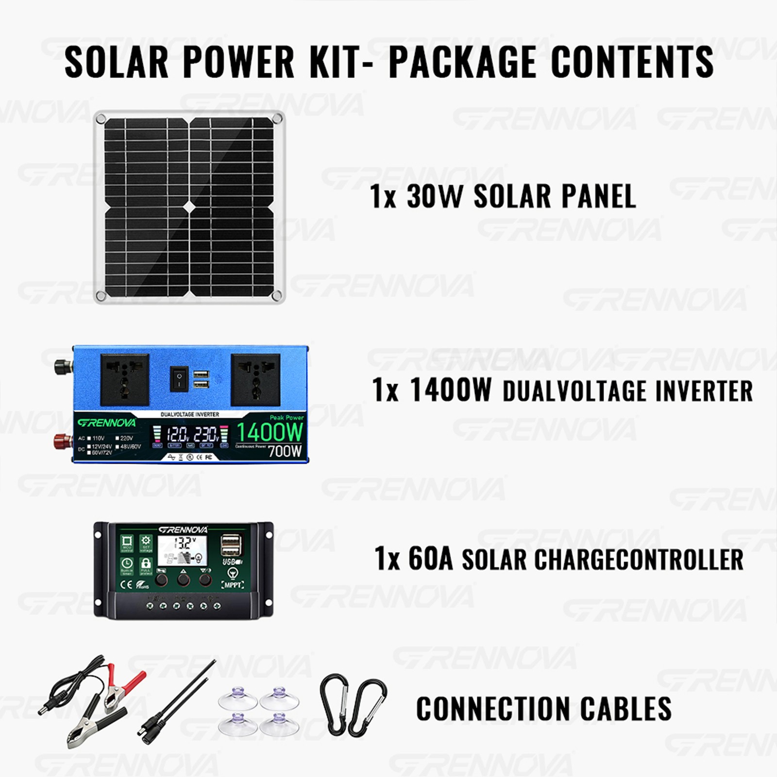 Grennova 1400W True Watt Solar Kit 60A MPPT 12/24V Inverter Outdoor Emergency