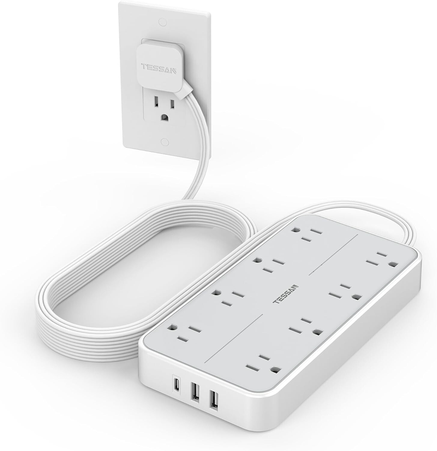Multi-Port Charging Station 10FT Extension Cord with 8 Outlets & USB Ports