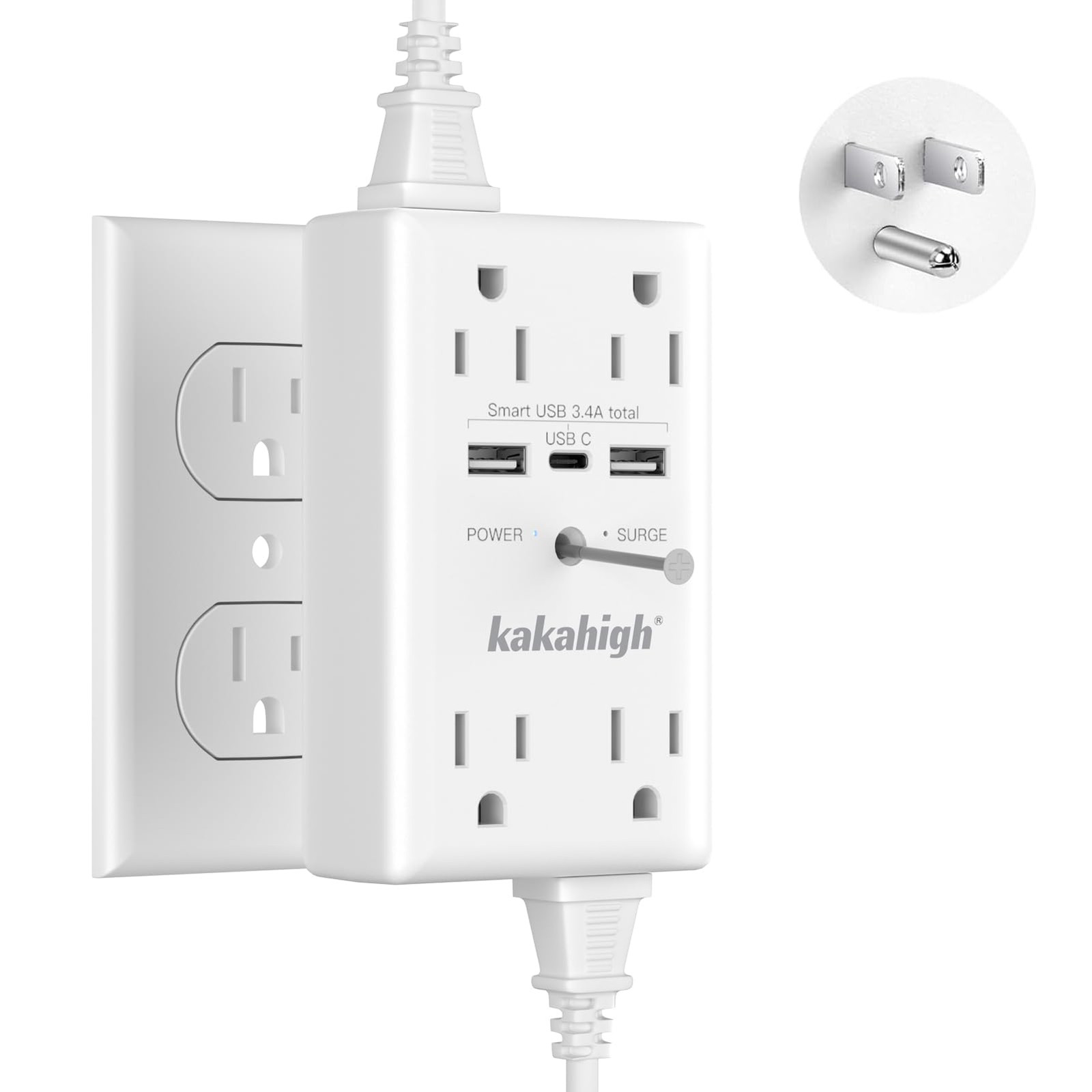 Wall Outlet Extender with Screw 8 Way Outlets with 1680J Surge Protected Mult