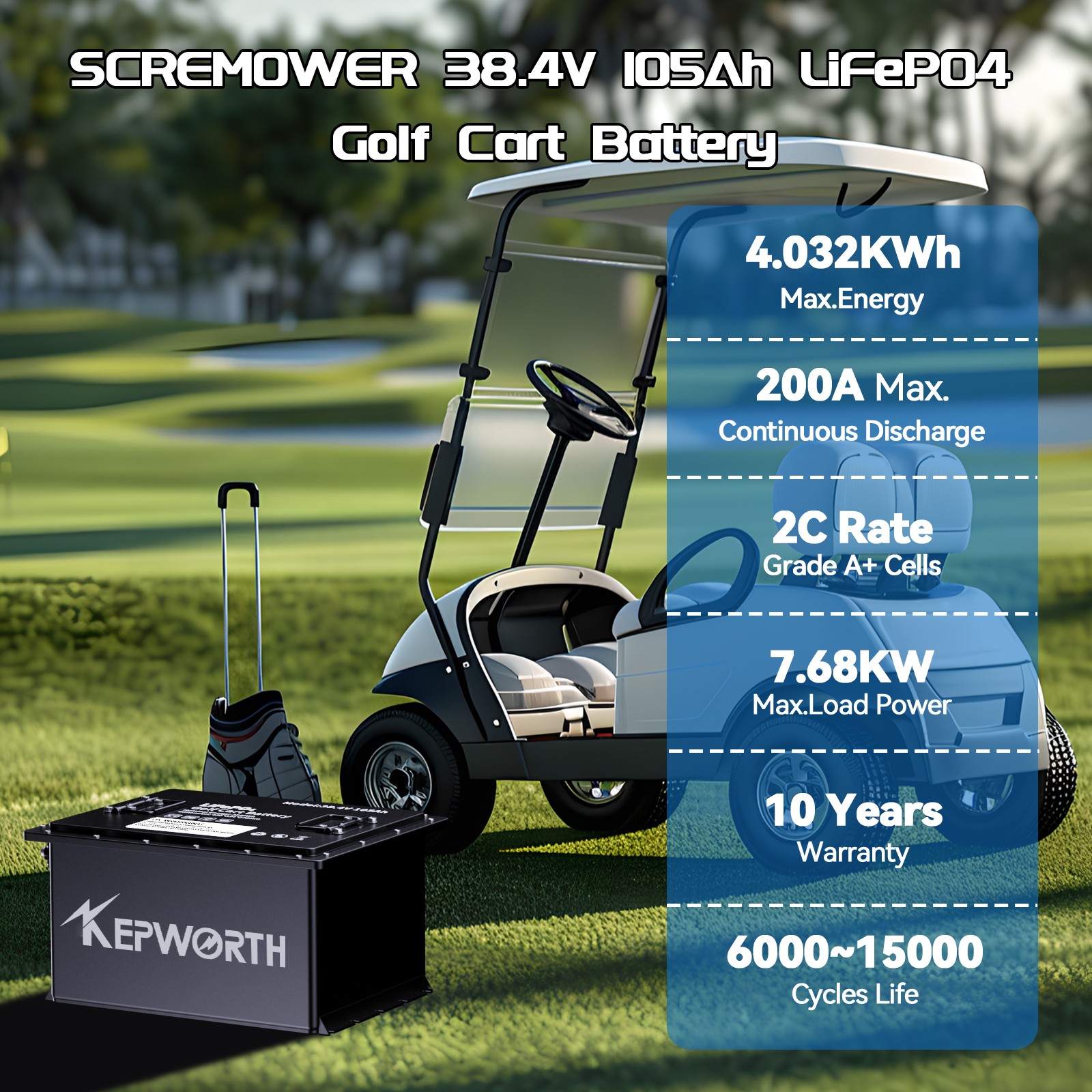 36V 105Ah Golf Cart LiFePO4 Lithium Battery 200A BMS A+Cells with 20A Charger