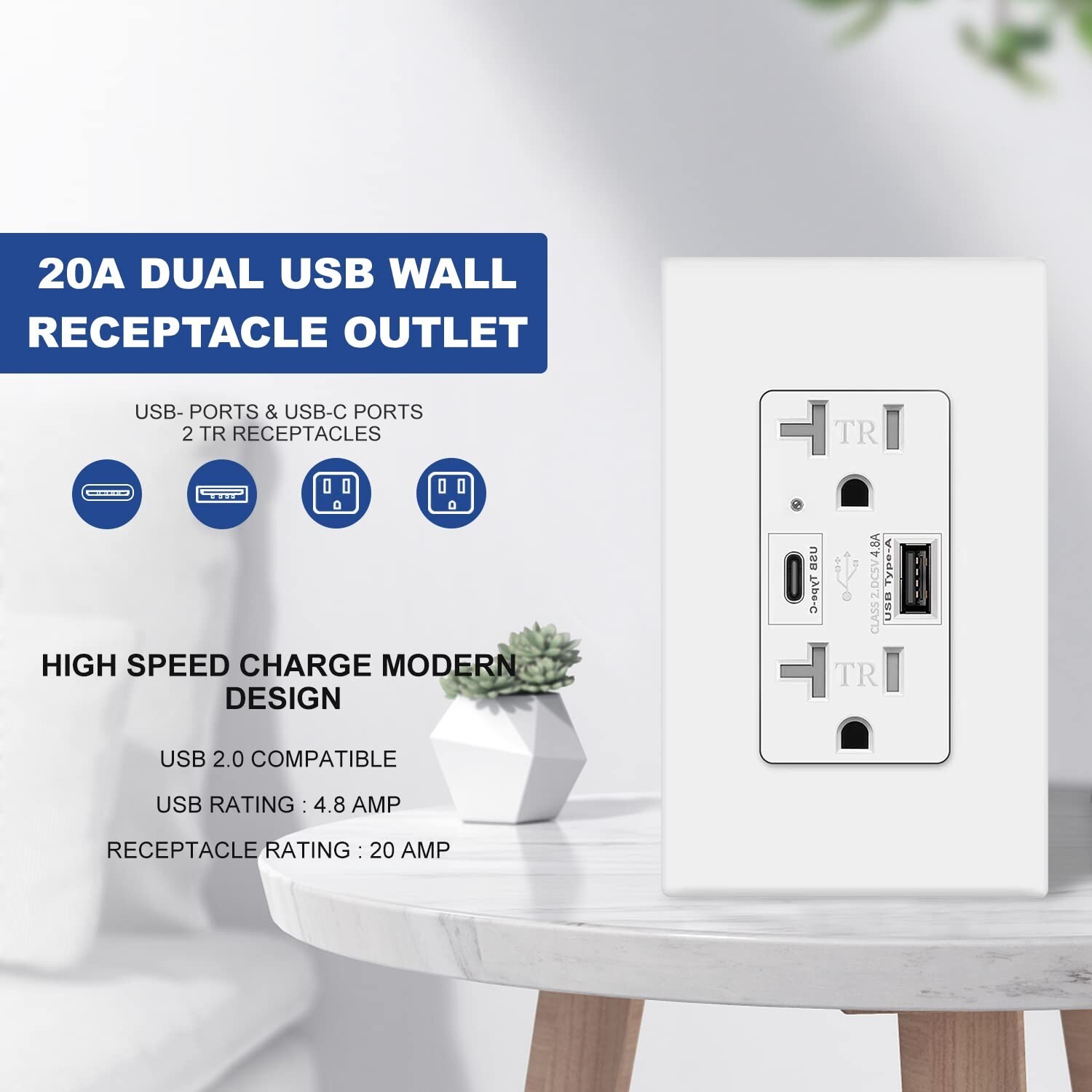 4.8A USB C Outlet High Speed,24W 20 Amp,White, 125 V Tamper-Resistant ,2 Pack