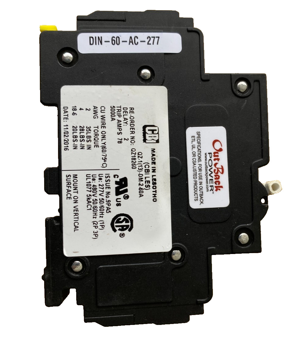 Outback Power, 60 Amp, 277 VAC, Din Rail Mount Circuit Breaker, DIN-60-AC-277