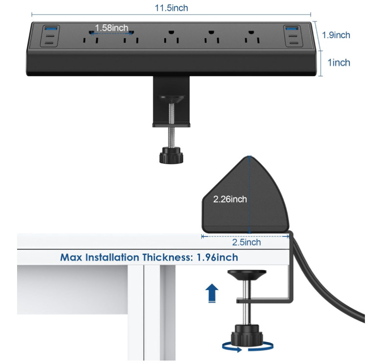 Desk Clamp Power Strip USB C, 6 USB, 5 AC, 40W Fast Charge, Surge, ETL Listed