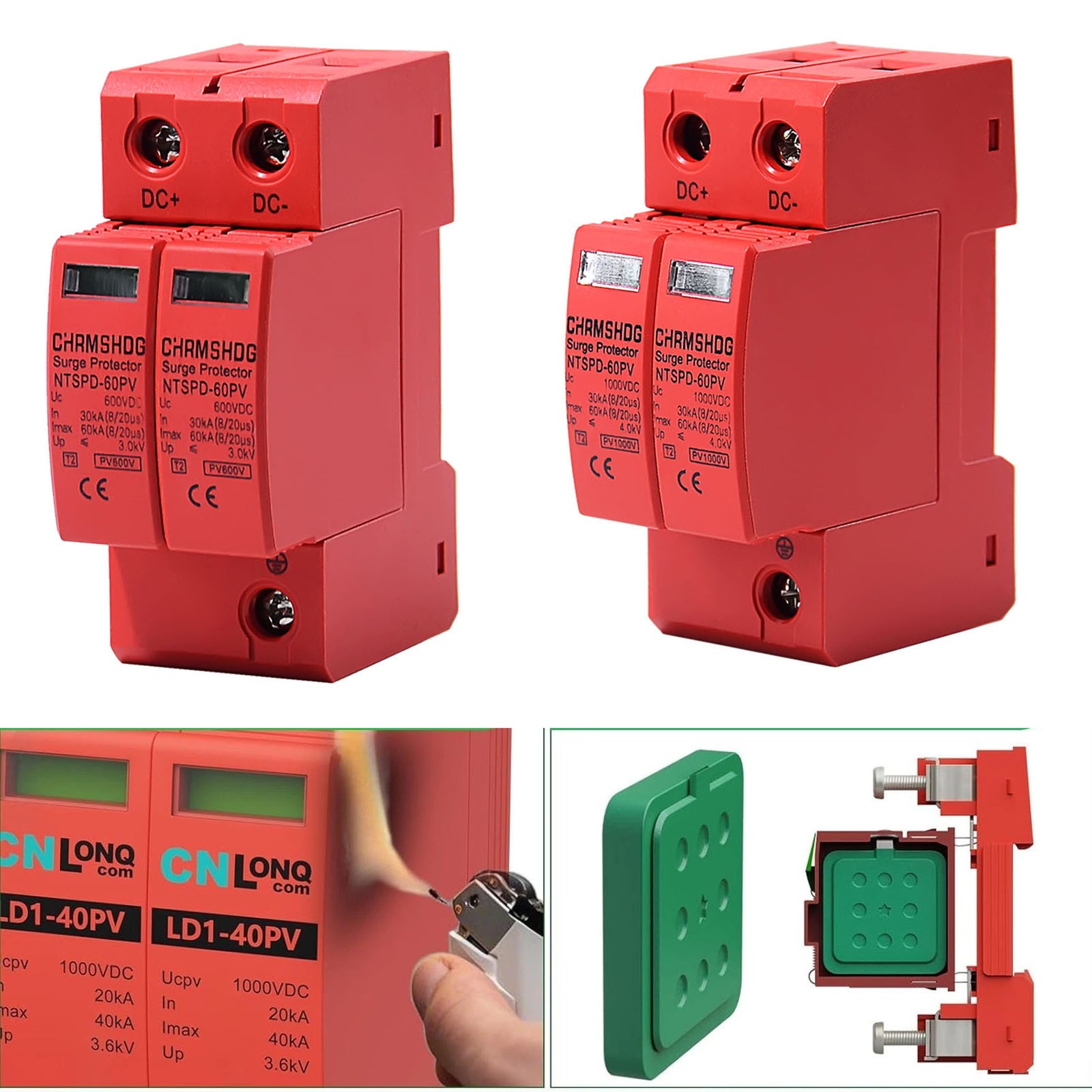 2P 60KA Voltage Surge Protector DC 600V/1000V Solar PV Lightning Arrester SPD