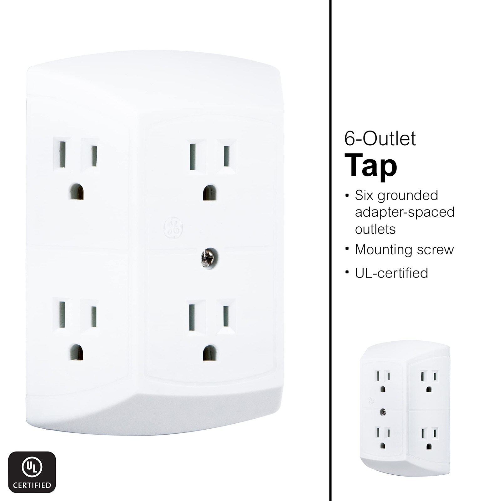 Ge 6-Outlet Extender, 2 Pack, Grounded Wall Tap, Adapter Spaced Outlet
