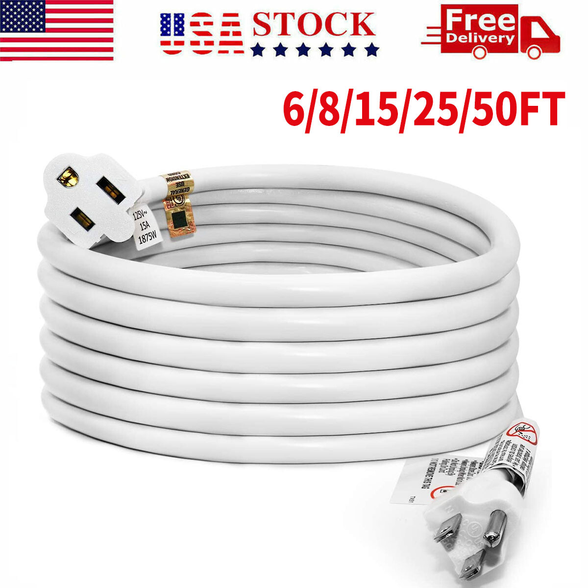 6/15/25/50FT 16/3 Gauge White Indoor Outdoor Extension Cord Waterproof UL Listed