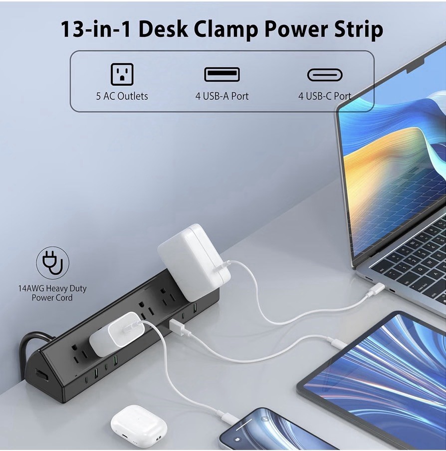 Desk Clamp Power Strip USB C 45W,8 USB,10FT Cable,Black