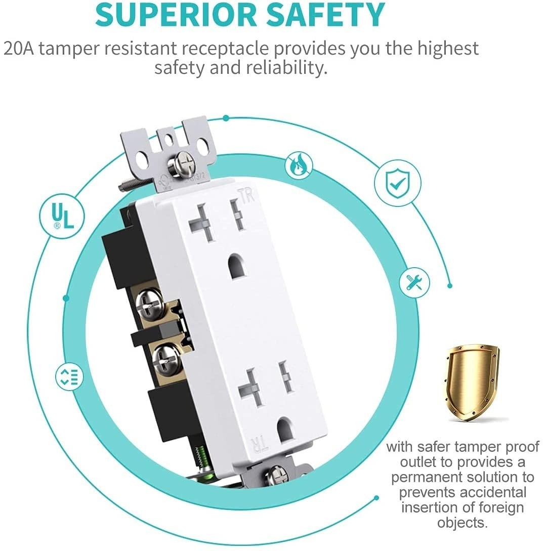50 Pack Outlet Socket, Decorator Receptacle, 20 Amp 125 Volt, Tamper Resistant