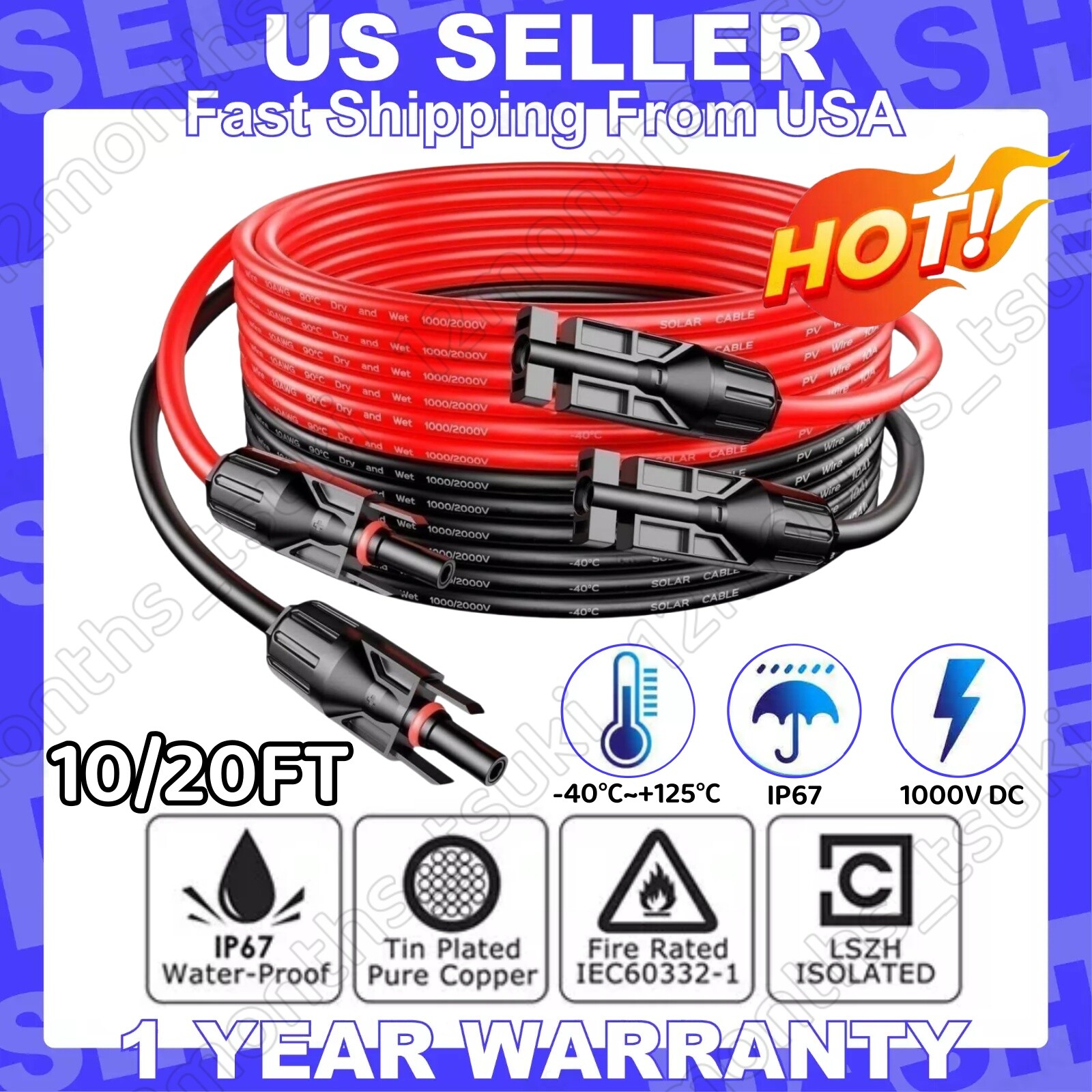 10 AWG Solar Panel Extension Cable PV Wire Solar Connectors Pair Black Red 6mm²
