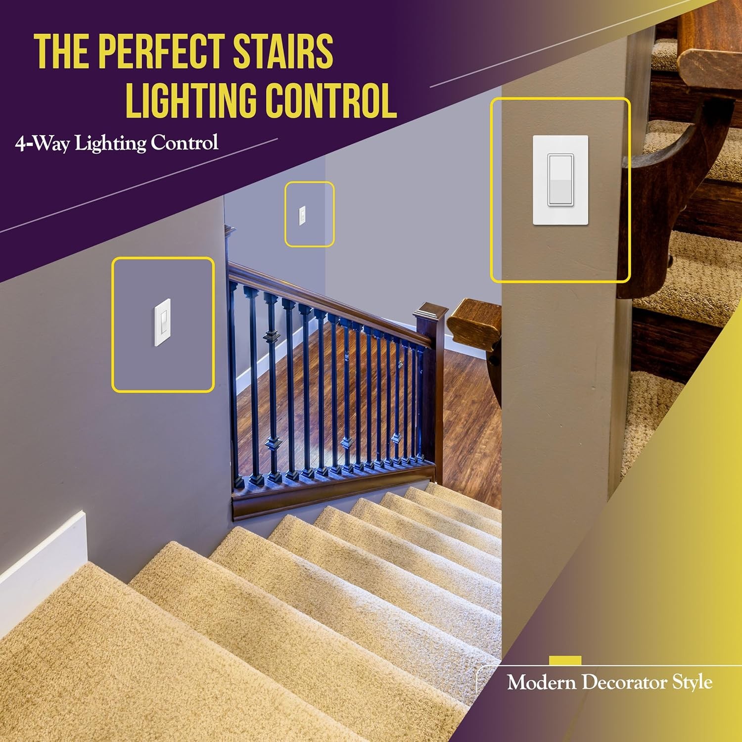 4-Way Decorator Paddle Rocker Light Switch, Clamp Down Wiring, Grounding Screw,